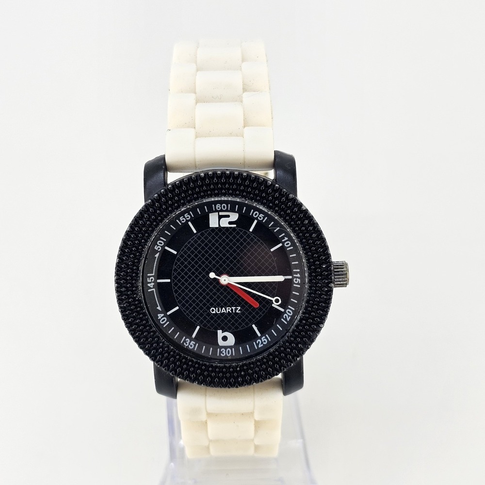 Men's Analog Watch 40MM Black Dial Case White Plastic Bands New Battery